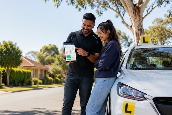 An Australian driving instructor and a smiling learner beside a dual-control car with L plates on a suburban street, the instructor holding a tablet showing a lesson booking calendar.