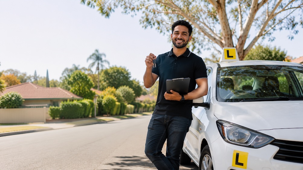 A new Australian driving instructor standing beside a dual-control car with a roof sign and L plates on a suburban street, ready to start their driving school.
