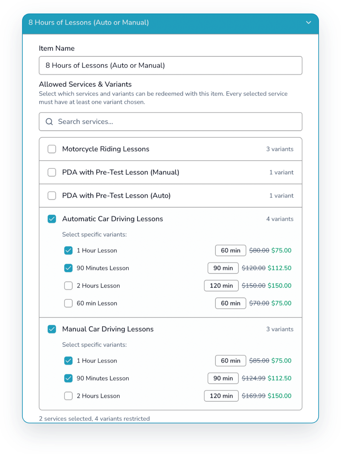 OnTime Bookings Inclusions in Service Packages