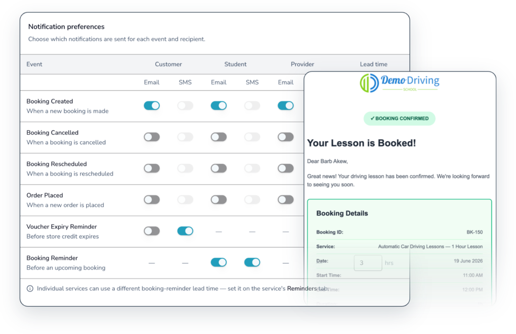 OnTime Bookkings Notification Preference Matrix
